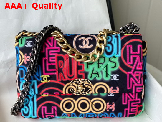 Chanel 19 Large Handbag Printed Fabric Gold Tone Silver Tone and Ruthenium Finish Metal Black and Multicolor AS1161 Replica