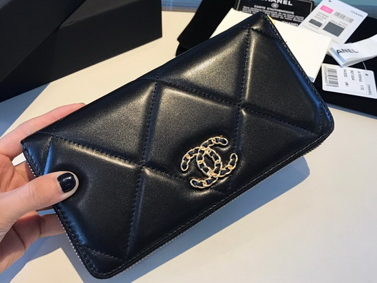 Chanel 19 Long Zipped Wallet in Black Lambskin AP1063