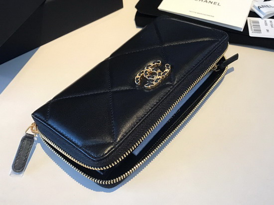 Chanel 19 Long Zipped Wallet in Black Lambskin AP1063