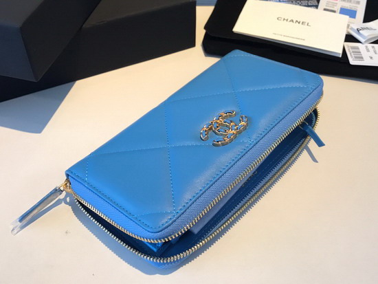 Chanel 19 Long Zipped Wallet in Blue Lambskin AP1063