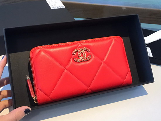 Chanel 19 Long Zipped Wallet in Bright Red Lambskin AP1063