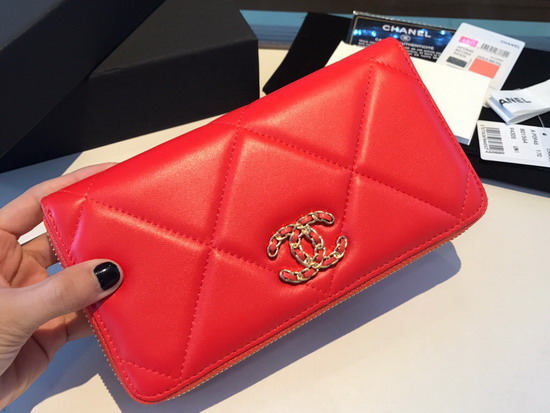 Chanel 19 Long Zipped Wallet in Bright Red Lambskin AP1063