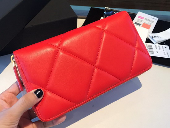 Chanel 19 Long Zipped Wallet in Bright Red Lambskin AP1063