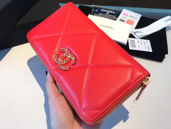 Chanel 19 Long Zipped Wallet in Bright Red Lambskin AP1063