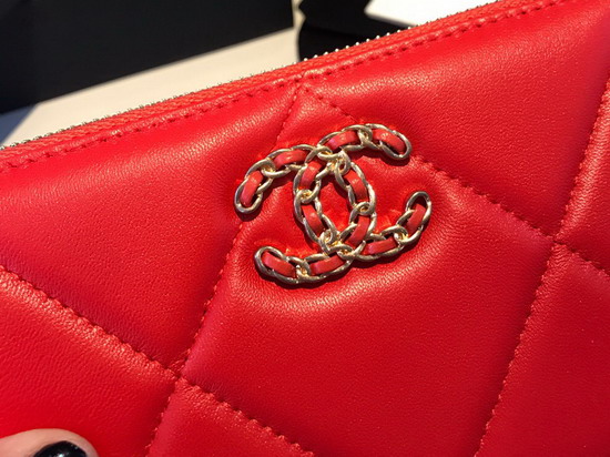 Chanel 19 Long Zipped Wallet in Bright Red Lambskin AP1063