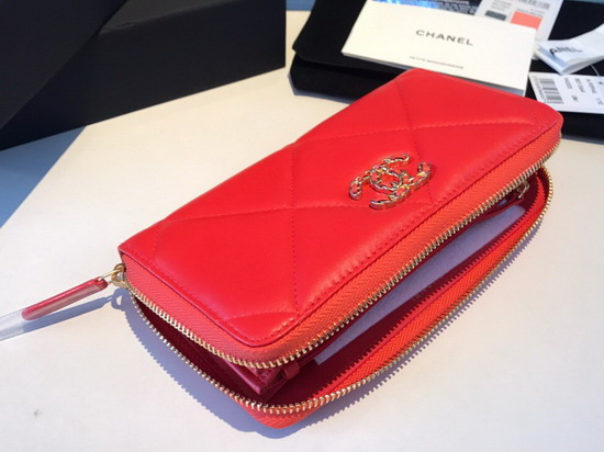 Chanel 19 Long Zipped Wallet in Bright Red Lambskin AP1063