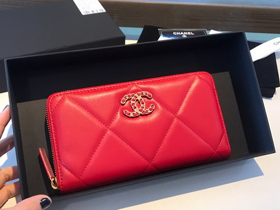 Chanel 19 Long Zipped Wallet in Red Lambskin AP1063