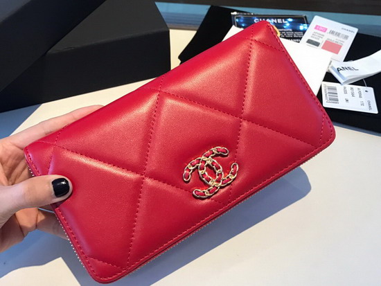 Chanel 19 Long Zipped Wallet in Red Lambskin AP1063