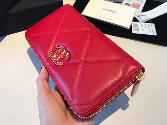 Chanel 19 Long Zipped Wallet in Red Lambskin AP1063