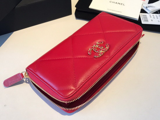 Chanel 19 Long Zipped Wallet in Red Lambskin AP1063