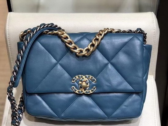 Chanel 19 Maxi Flap Bag Blue Goatskin Gold Tone Silver Tone and Ruthenium Finish Metal AS1162