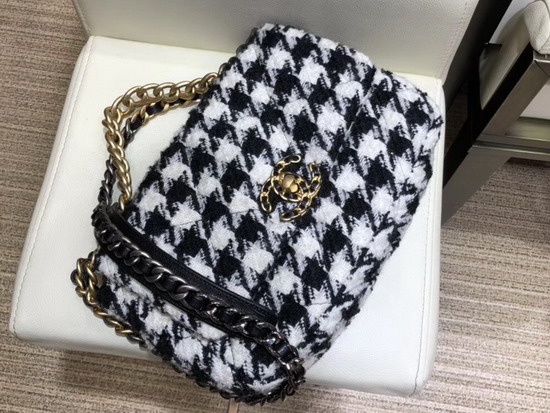 Chanel 19 Maxi Flap Bag White and Black Tweed Gold Tone Silver Tone and Ruthenium Finish Metal AS1162