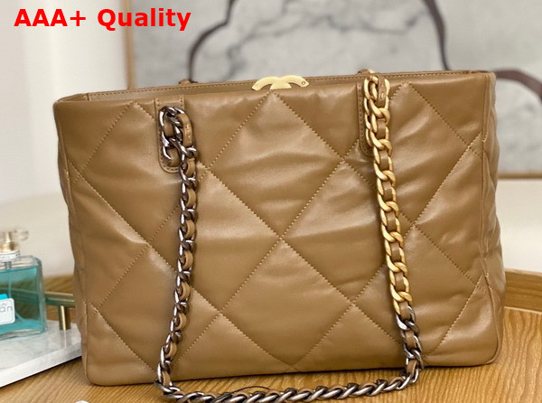 Chanel 19 Shopping Bag Lambskin Gold Tone Silver Tone Ruthenium Finish Metal Beige Ref AS3660 Replica