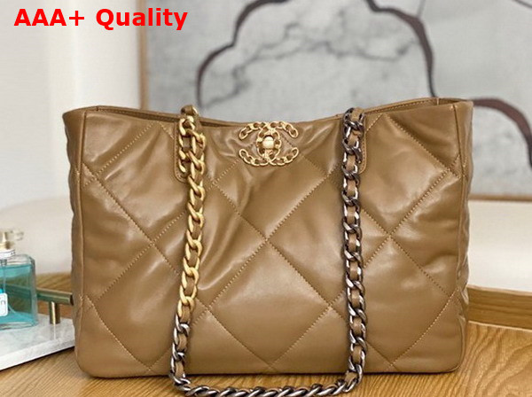 Chanel 19 Shopping Bag Lambskin Gold Tone Silver Tone Ruthenium Finish Metal Beige Ref AS3660 Replica