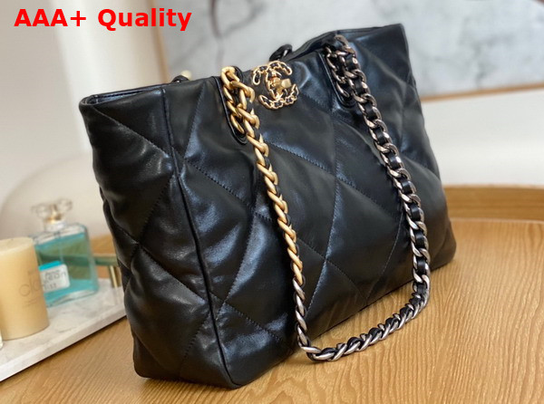 Chanel 19 Shopping Bag Lambskin Gold Tone Silver Tone Ruthenium Finish Metal Black Ref AS3660 Replica