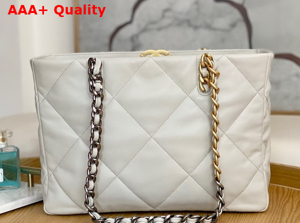 Chanel 19 Shopping Bag Lambskin Gold Tone Silver Tone Ruthenium Finish Metal White Ref AS3660 Replica