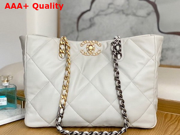 Chanel 19 Shopping Bag Lambskin Gold Tone Silver Tone Ruthenium Finish Metal White Ref AS3660 Replica