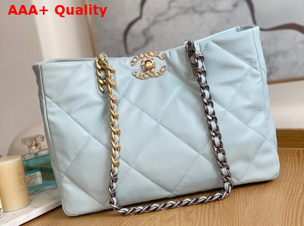 Chanel 19 Shopping Bag in Pale Blue Lambskin Gold Tone Silver Tone Ruthenium Finish Metal AS3660 Replica