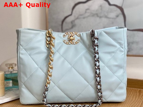 Chanel 19 Shopping Bag in Pale Blue Lambskin Gold Tone Silver Tone Ruthenium Finish Metal AS3660 Replica