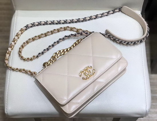 Chanel 19 Wallet On Chain Beige Goatskin Gold Tone Silver Tone and Ruthenium Finish Metal AP0957