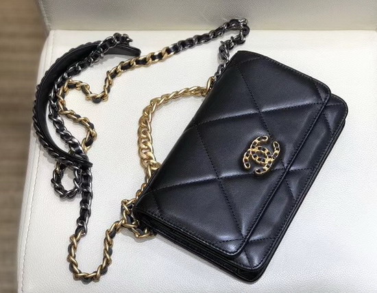 Chanel 19 Wallet On Chain Black Goatskin Gold Tone Silver Tone and Ruthenium Finish Metal AP0957