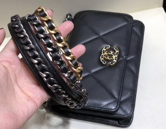 Chanel 19 Wallet On Chain Black Goatskin Gold Tone Silver Tone and Ruthenium Finish Metal AP0957