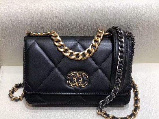 Chanel 19 Wallet On Chain Black Goatskin Gold Tone Silver Tone and Ruthenium Finish Metal AP0957