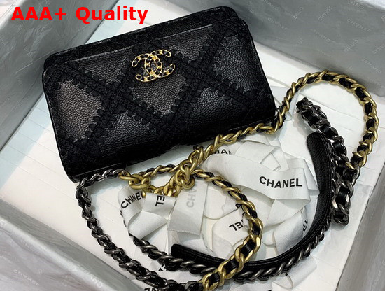 Chanel 19 Wallet On Chain Calfskin Crochet Gold Tone Silver Tone and Ruthenium Finish Metal Black AP0957 Replica