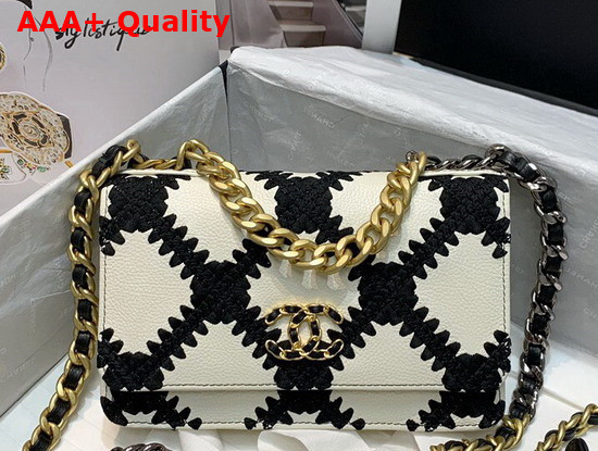 Chanel 19 Wallet On Chain Calfskin Crochet Gold Tone Silver Tone and Ruthenium Finish Metal White and Black AP0957 Replica