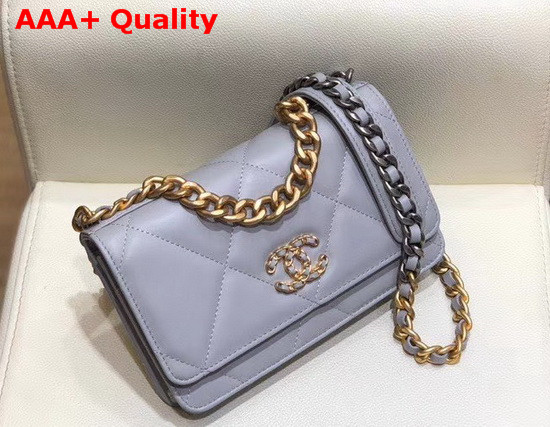 Chanel 19 Wallet On Chain Lambskin Gold Tone Silver Tone and Ruthenium Finish Metal Light Grey AP0957 Replica