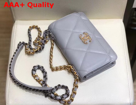 Chanel 19 Wallet On Chain Lambskin Gold Tone Silver Tone and Ruthenium Finish Metal Light Grey AP0957 Replica