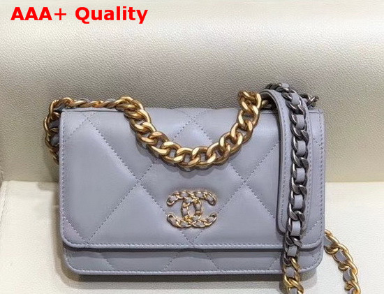 Chanel 19 Wallet On Chain Lambskin Gold Tone Silver Tone and Ruthenium Finish Metal Light Grey AP0957 Replica