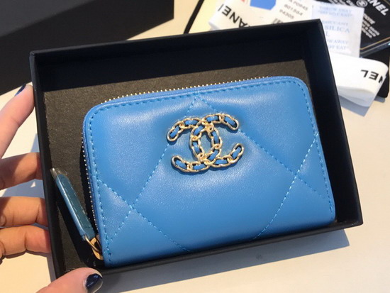 Chanel 19 Zipped Coin Purse in Blue Lambskin AP0949