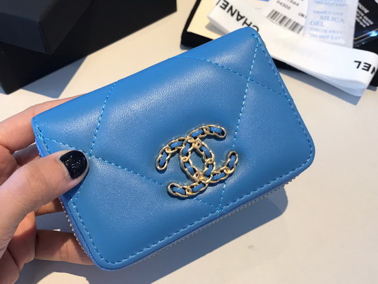 Chanel 19 Zipped Coin Purse in Blue Lambskin AP0949