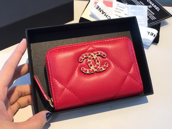 Chanel 19 Zipped Coin Purse in Red Lambskin AP0949