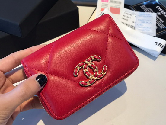 Chanel 19 Zipped Coin Purse in Red Lambskin AP0949