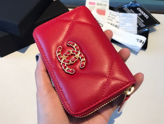 Chanel 19 Zipped Coin Purse in Red Lambskin AP0949