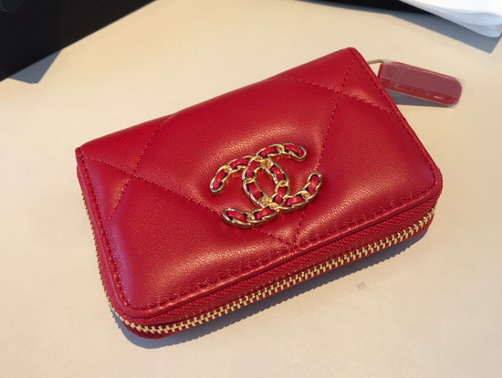 Chanel 19 Zipped Coin Purse in Red Lambskin AP0949