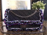 Chanel 2 55 Flap Bag Denim Braid Silver Tone Metal Black and Blue For Sale