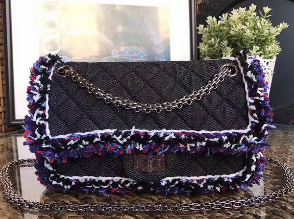 Chanel 2 55 Flap Bag Denim Braid Silver Tone Metal Black and Blue For Sale