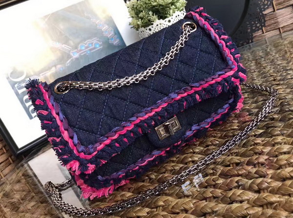 Chanel 2 55 Flap Bag Denim Braid Silver Tone Metal Blue and Dark Pink For Sale