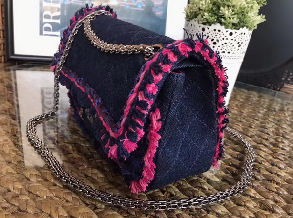 Chanel 2 55 Flap Bag Denim Braid Silver Tone Metal Blue and Dark Pink For Sale