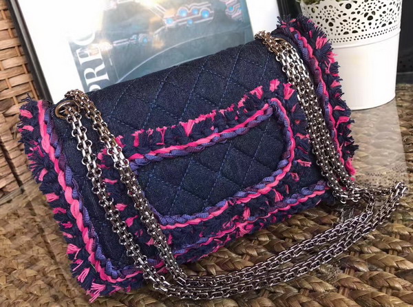 Chanel 2 55 Flap Bag Denim Braid Silver Tone Metal Blue and Dark Pink For Sale