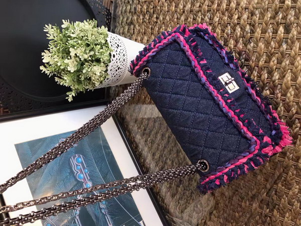 Chanel 2 55 Flap Bag Denim Braid Silver Tone Metal Blue and Dark Pink For Sale