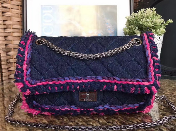 Chanel 2 55 Flap Bag Denim Braid Silver Tone Metal Blue and Dark Pink For Sale