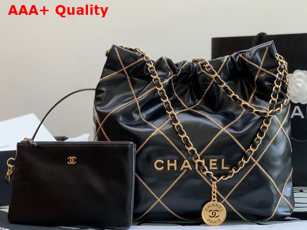 Chanel 22 Handbag Shiny Calfskin and Gold Tone Mtal Black AS3261 Replica