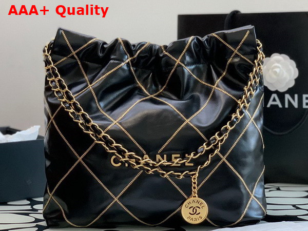 Chanel 22 Handbag Shiny Calfskin and Gold Tone Mtal Black AS3261 Replica