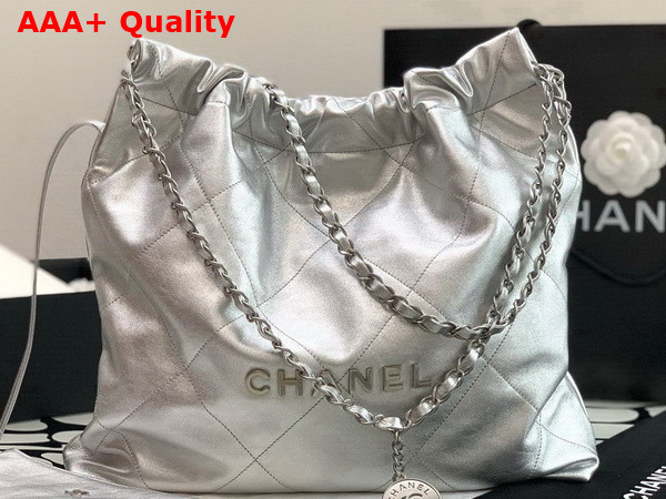 Chanel 22 Handbag Silver Metallic Calfskin Silver Tone Metal AS3261 Replica