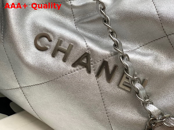 Chanel 22 Handbag Silver Metallic Calfskin Silver Tone Metal AS3261 Replica