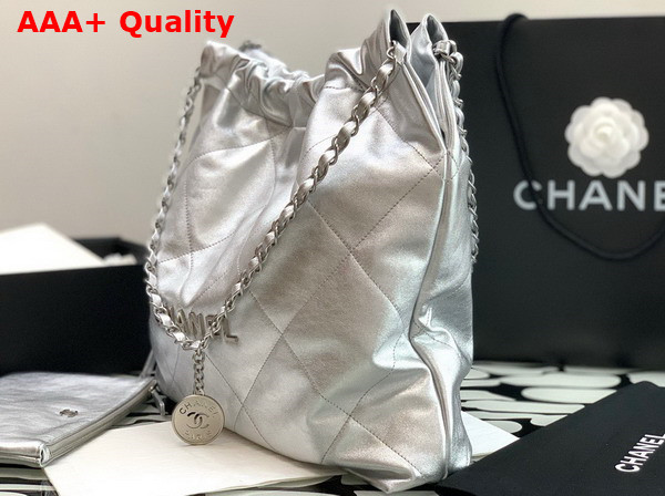 Chanel 22 Handbag Silver Metallic Calfskin Silver Tone Metal AS3261 Replica